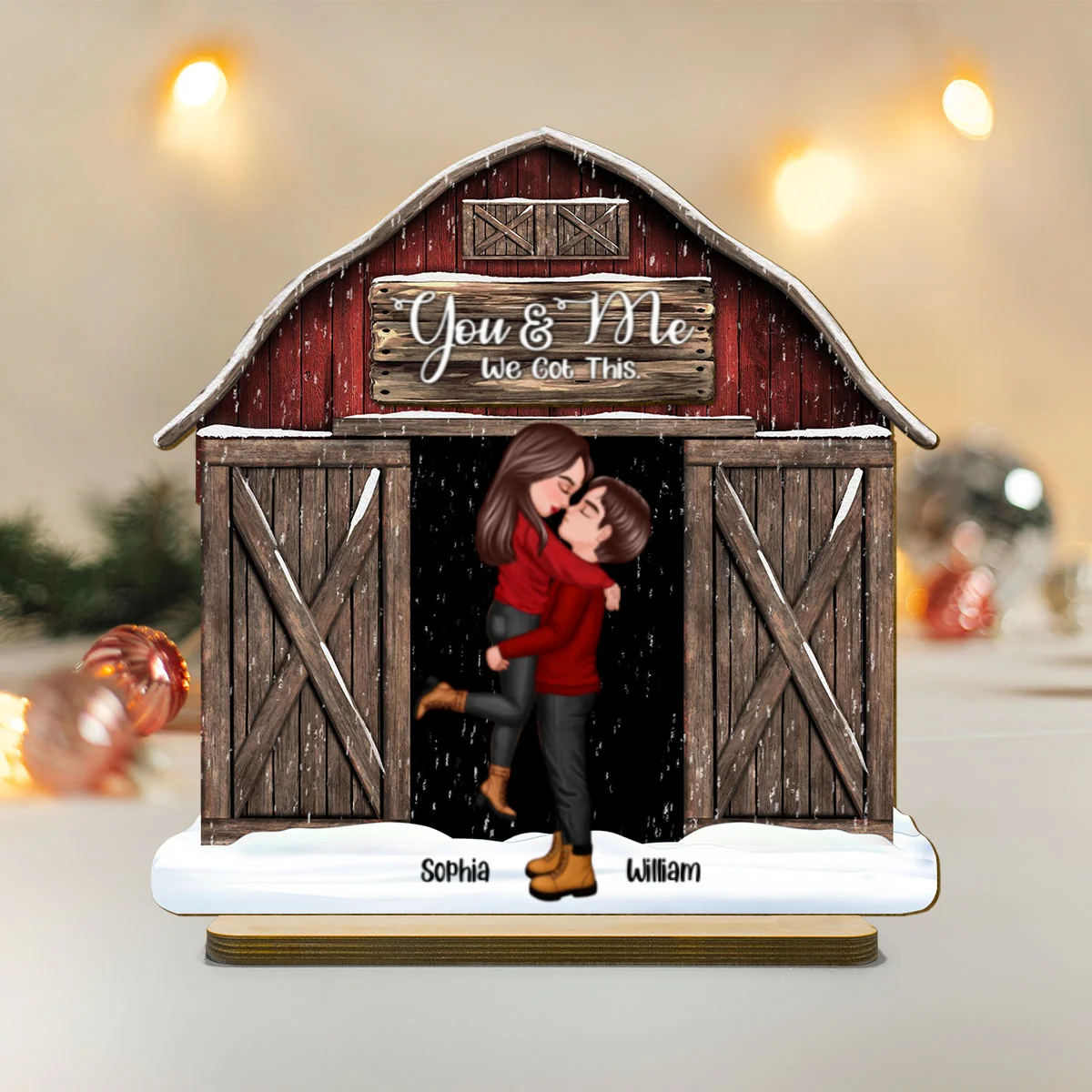 Red Barn Christmas Couple Kissing Personalized 2-Layer Standing Wooden Plaque, Christmas Tiered Tray Decor - Image 9