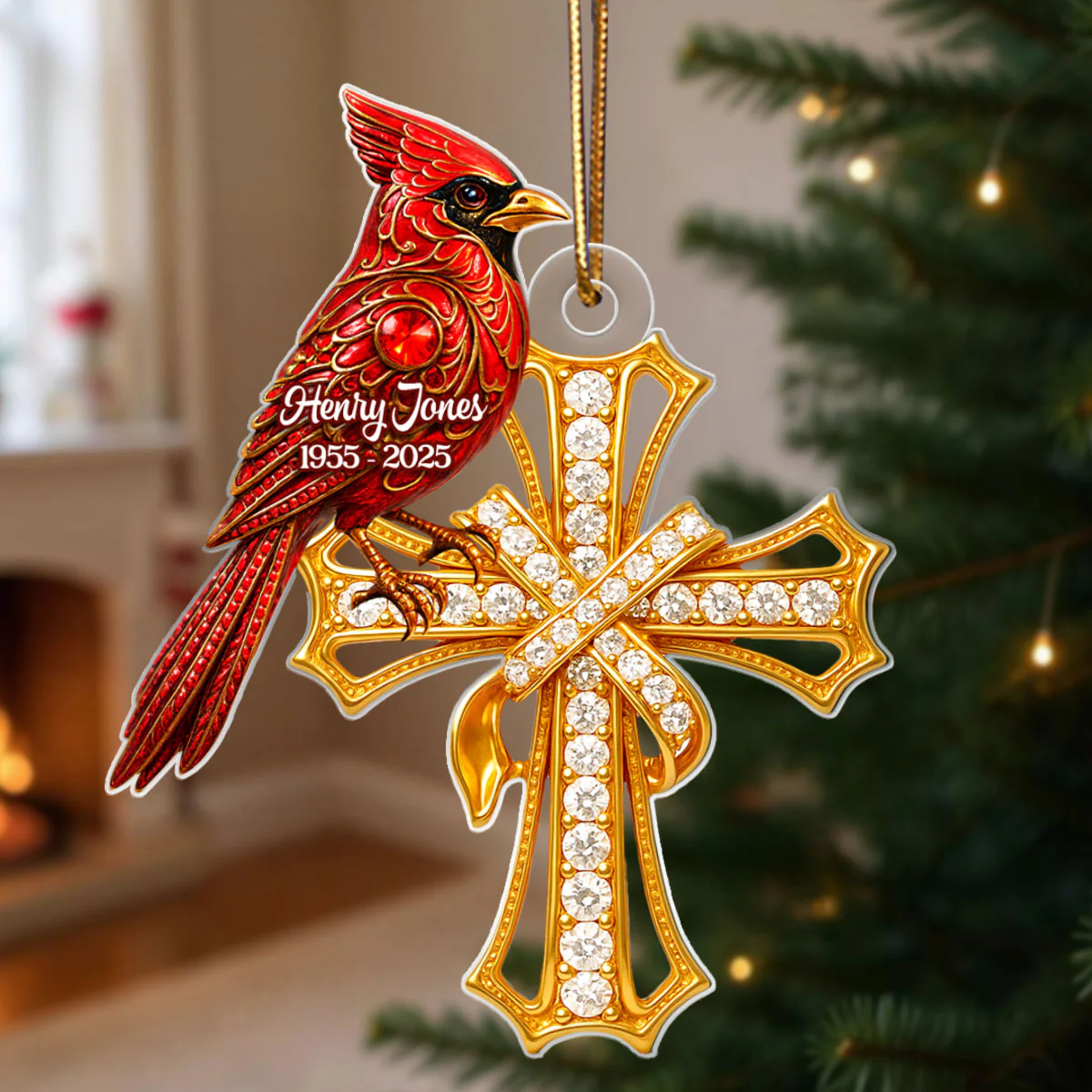 Red Cardinal On Cross 3D Crystal Effect - Personalized Acrylic Ornament - Family Memorial Keepsake - Image 3