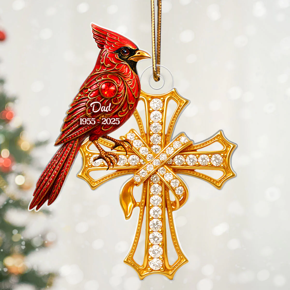Red Cardinal On Cross 3D Crystal Effect - Personalized Acrylic Ornament - Family Memorial Keepsake - Image 5