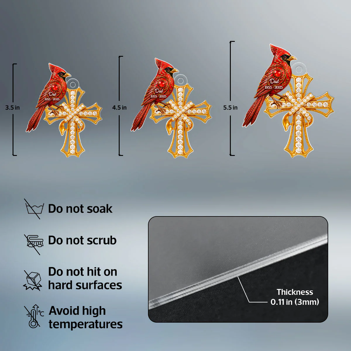 Red Cardinal On Cross 3D Crystal Effect - Personalized Acrylic Ornament - Family Memorial Keepsake - Image 7