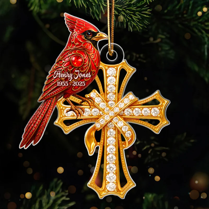 Red Cardinal On Cross 3D Crystal Effect - Personalized Acrylic Ornament - Family Memorial Keepsake - Image 8
