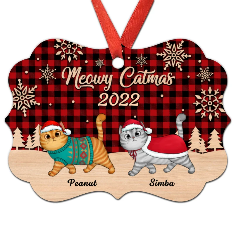 Red Checkered Walking Fluffy Cat Personalized Christmas Ornament