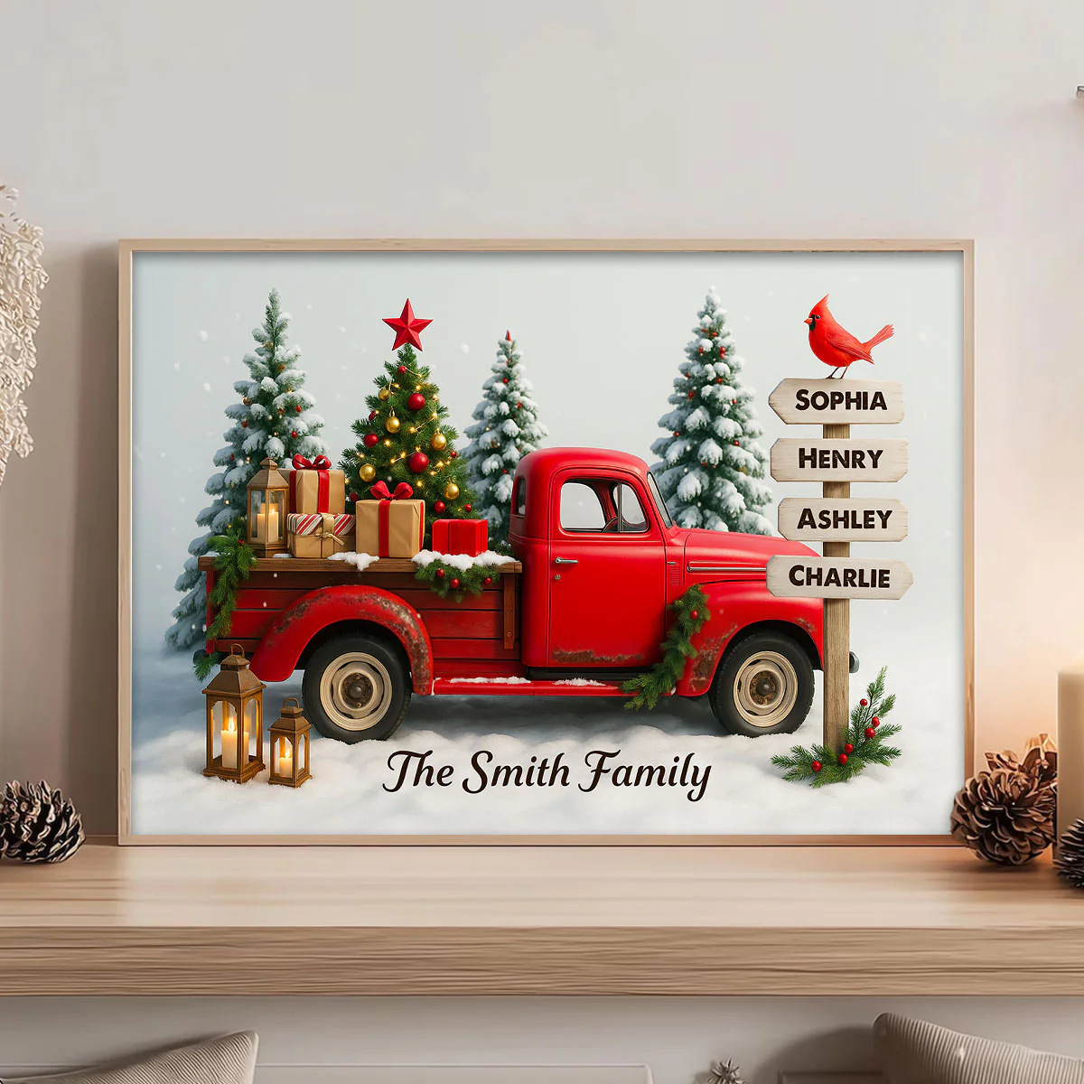 Red Christmas Truck Custom Family Name Sign Post - Personalized Poster - Christmas Gift for Family - Image 2