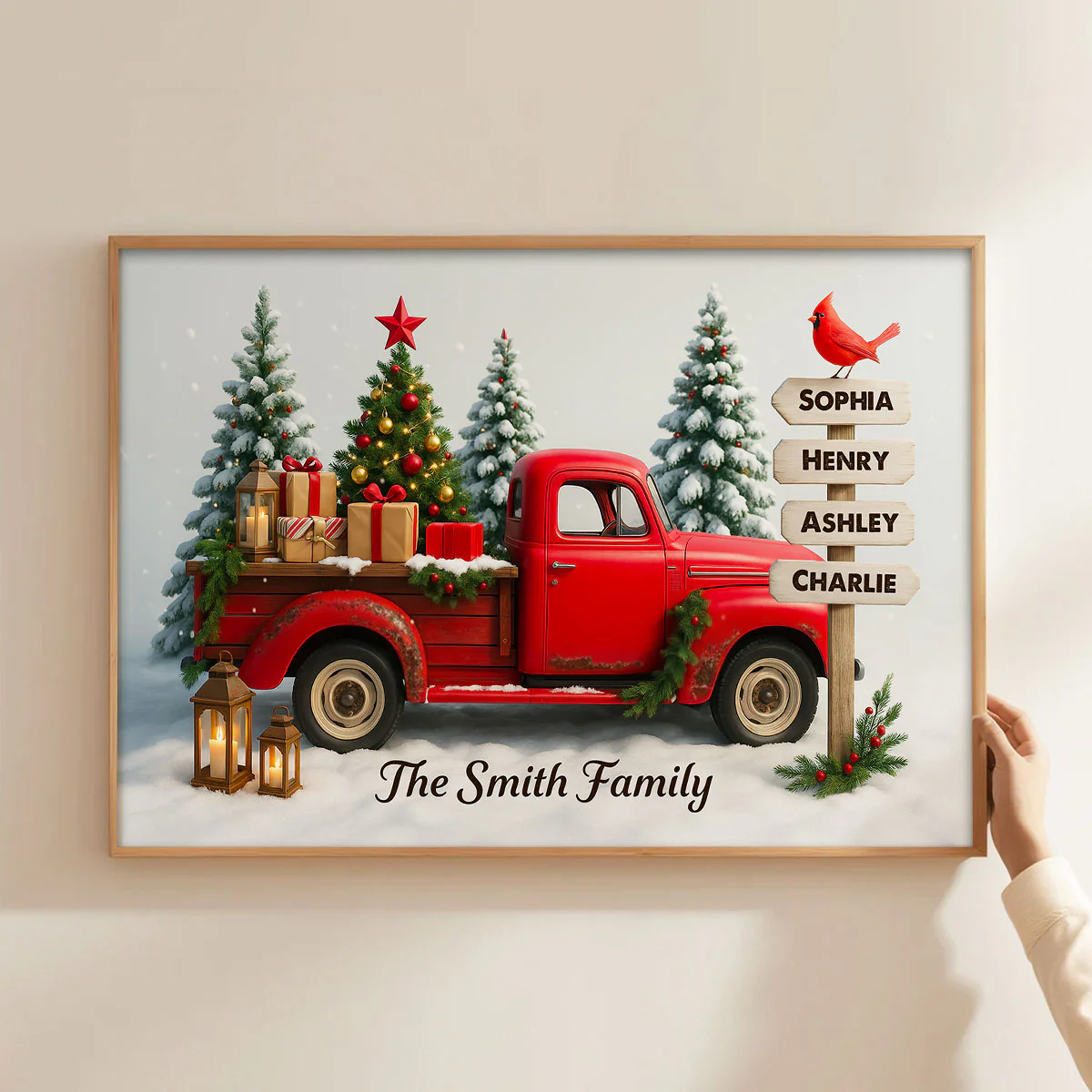 Red Christmas Truck Custom Family Name Sign Post - Personalized Poster - Christmas Gift for Family - Image 3