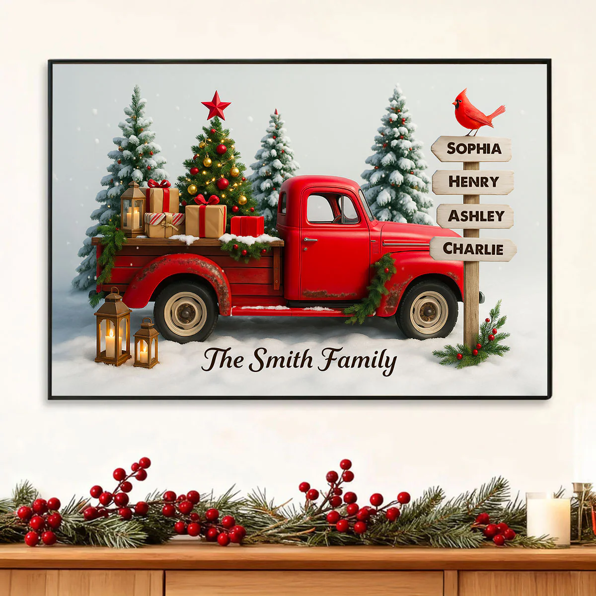 Red Christmas Truck Custom Family Name Sign Post - Personalized Poster - Christmas Gift for Family - Image 4