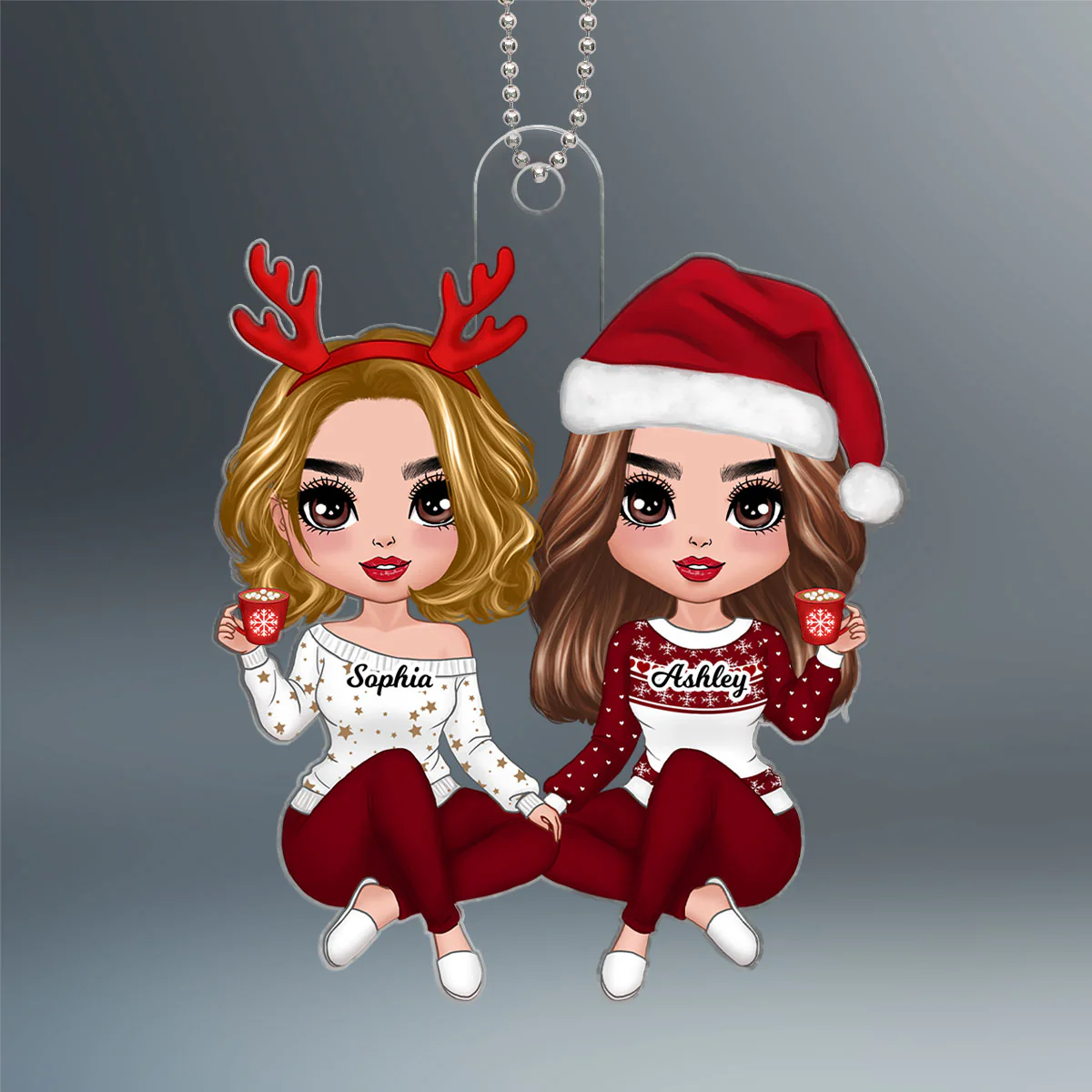 Red Clothes Doll Besties Sisters Sitting Christmas Gift For Best Friends Personalized Acrylic Ornament - Image 2