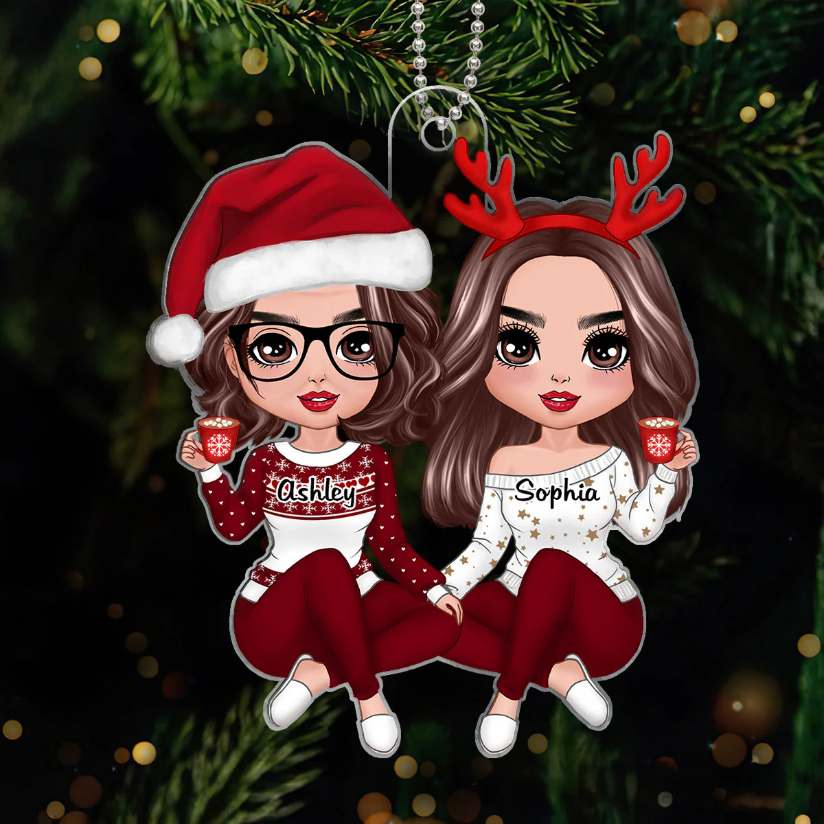 Red Clothes Doll Mom Daughter Sitting Christmas Gift Personalized Acrylic Ornament