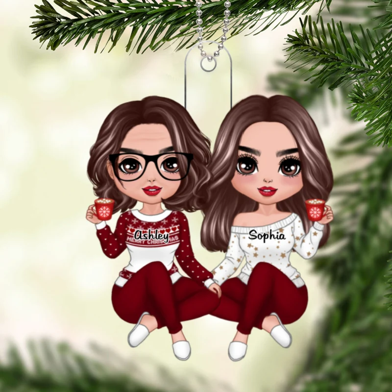 Red Clothes Doll Mom Daughter Sitting Christmas Gift Personalized Acrylic Ornament - Image 5