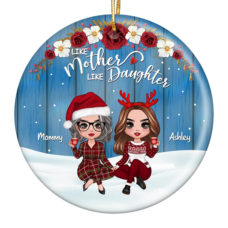 Red Floral Frame Mother Daughters Personalized Circle Ornament