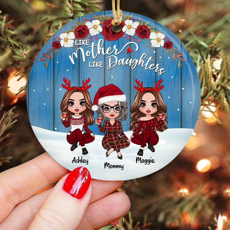 Red Floral Frame Mother Daughters Personalized Circle Ornament - Image 2