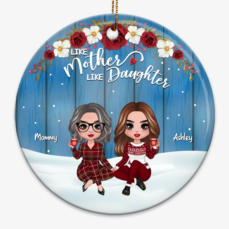 Red Floral Frame Mother Daughters Personalized Circle Ornament - Image 3