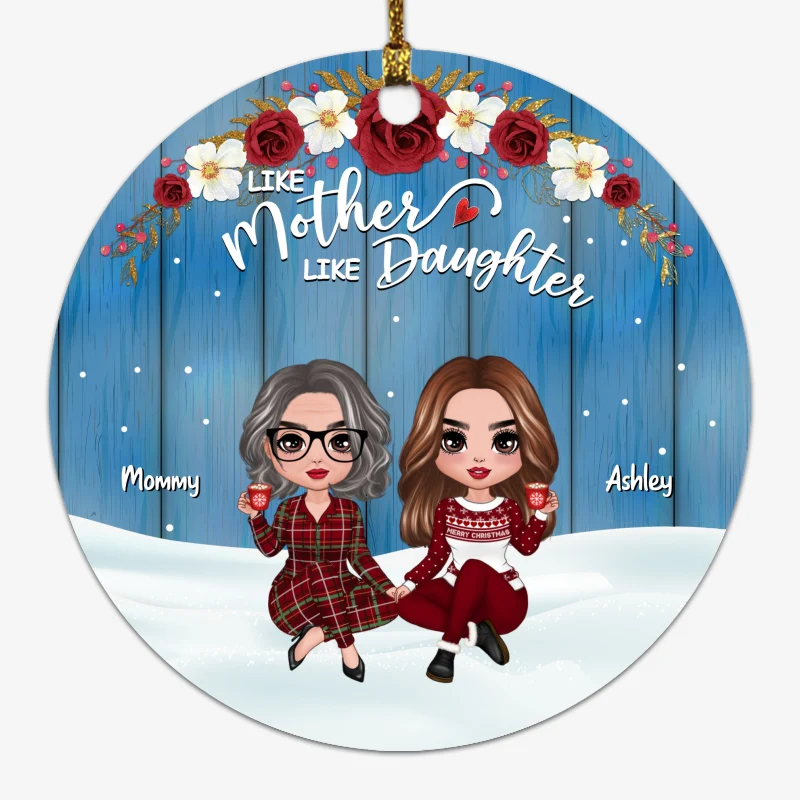 Red Floral Frame Mother Daughters Personalized Circle Ornament - Image 4