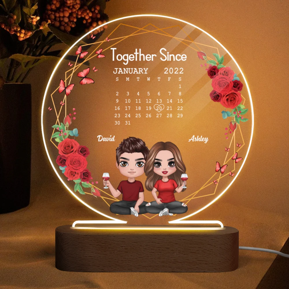 Red Flowers Butterflies Doll Couple Sitting Calendar Personalized Circle Plaque LED Night Light