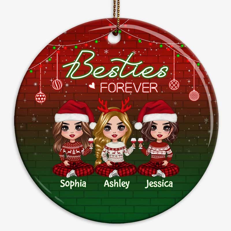Red & Green Background Doll Besties Personalized Circle Ornament