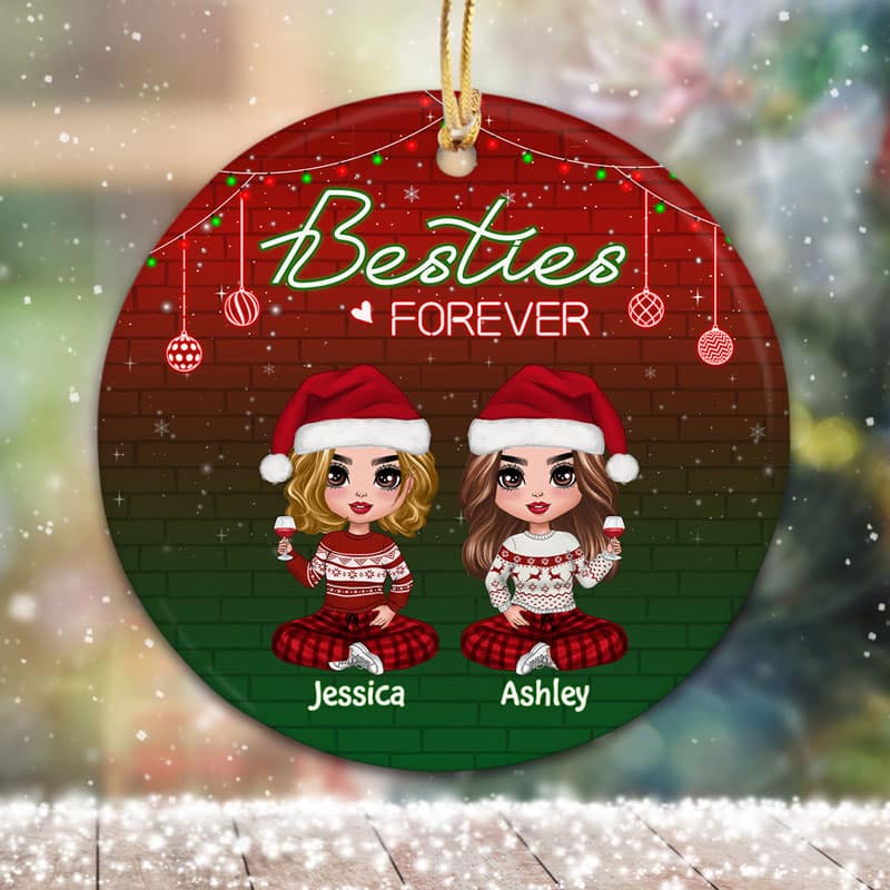 Red & Green Background Doll Besties Personalized Circle Ornament - Image 2
