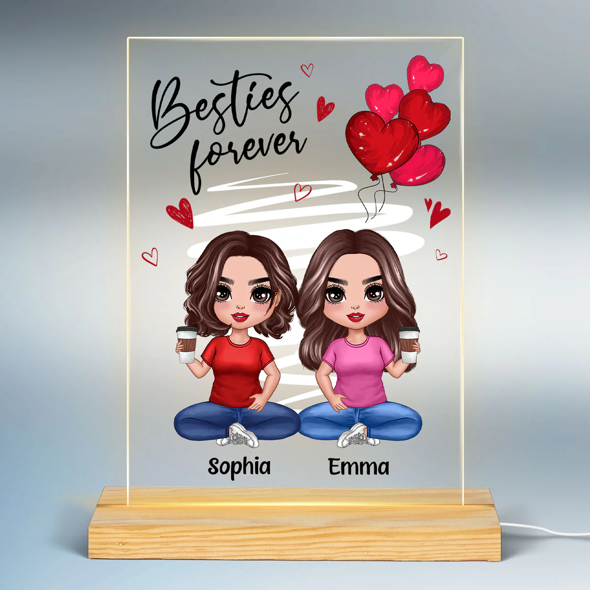 Red Hearts Doll Women Sitting Gift For Best Friends Sisters Siblings Personalized Rectangle Acrylic Plaque LED Night Light - Image 2