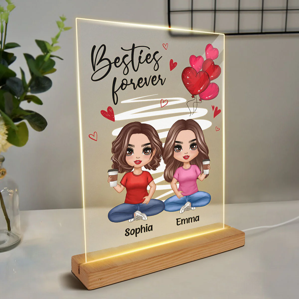 Red Hearts Doll Women Sitting Gift For Best Friends Sisters Siblings Personalized Rectangle Acrylic Plaque LED Night Light - Image 3