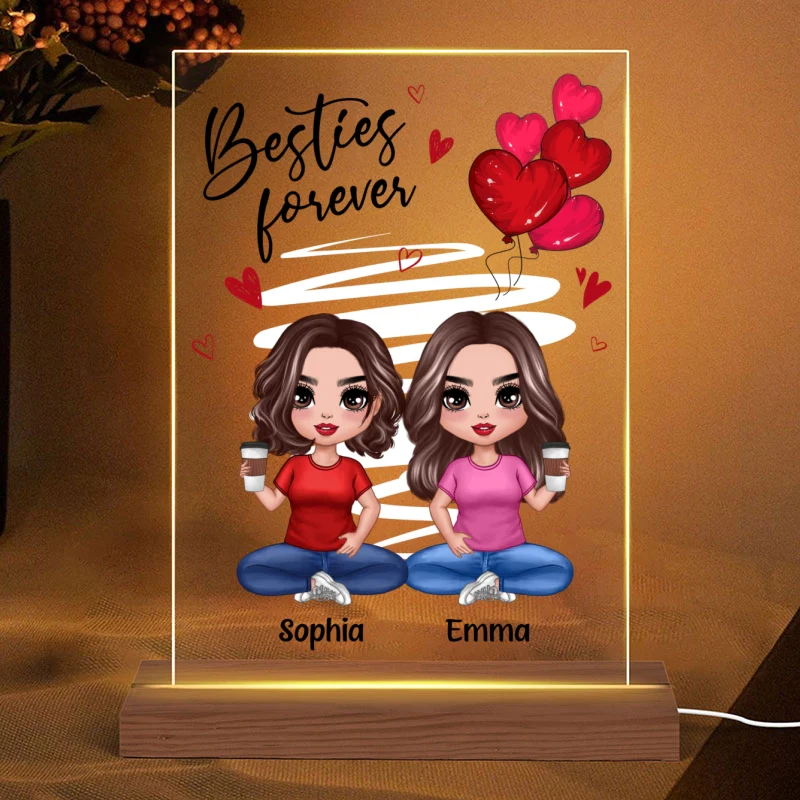 Red Hearts Doll Women Sitting Gift For Best Friends Sisters Siblings Personalized Rectangle Acrylic Plaque LED Night Light - Image 4