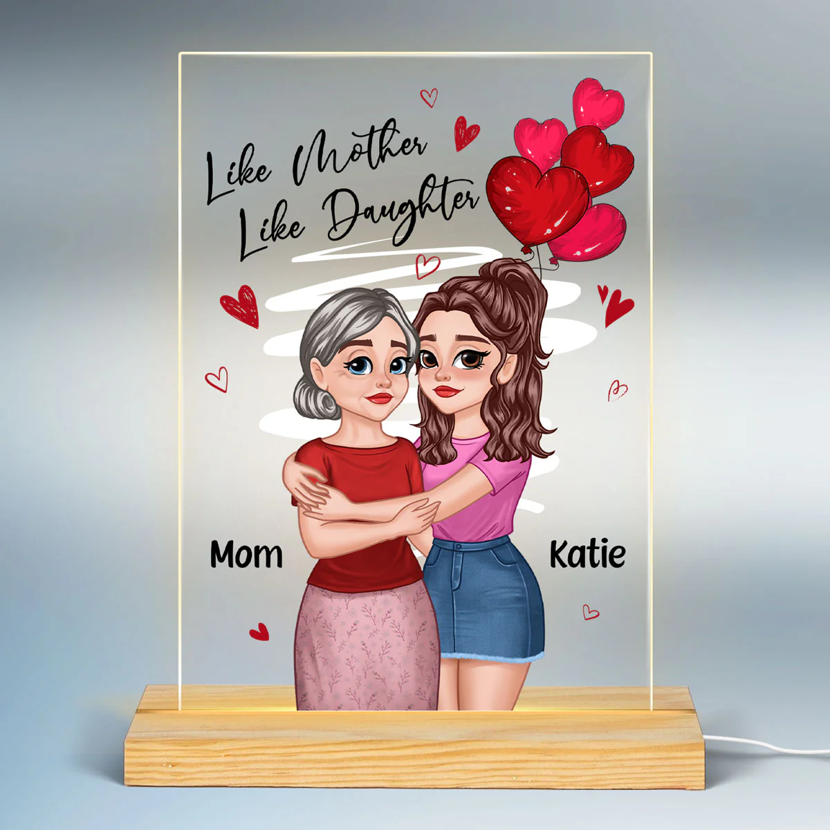 Red Hearts Like Mother Like Daughters Cartoon Hugging Mom Daughters Personalized Rectangle Acrylic Plaque With LED Night Light - Image 2
