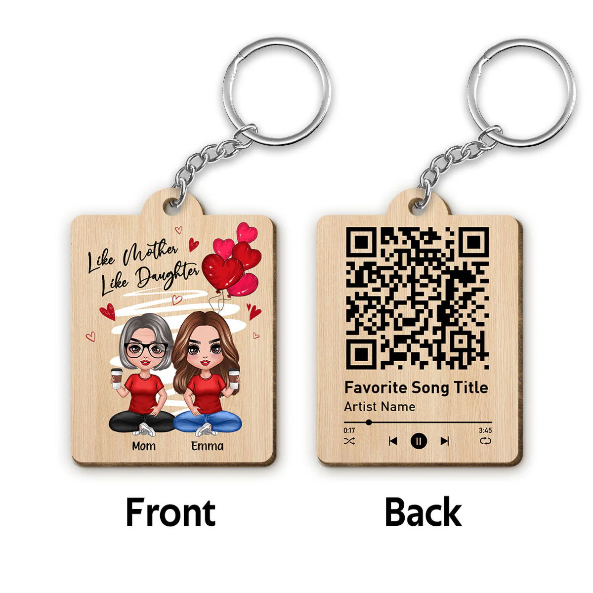 Red Hearts Like Mother Like Daughters Doll Favorite Song Scannable QR Code Gift For Mom Daughters Matching Personalized Wooden Keychain