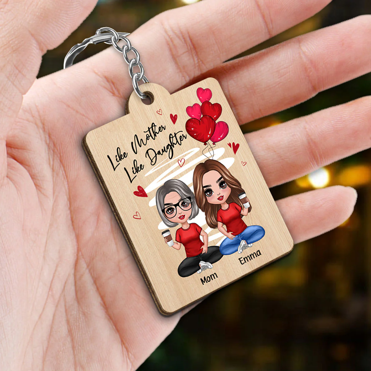 Red Hearts Like Mother Like Daughters Doll Favorite Song Scannable QR Code Gift For Mom Daughters Matching Personalized Wooden Keychain - Image 2