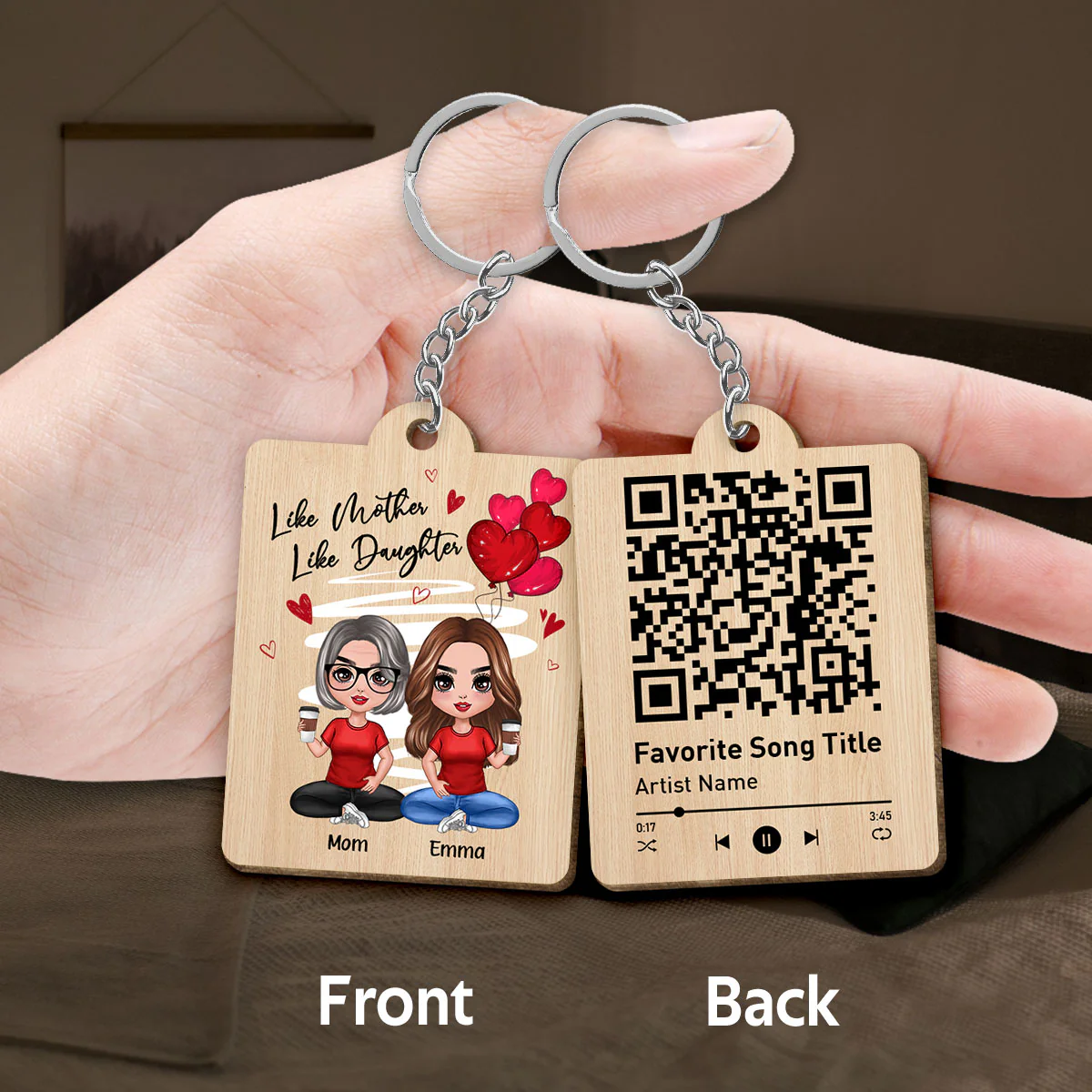 Red Hearts Like Mother Like Daughters Doll Favorite Song Scannable QR Code Gift For Mom Daughters Matching Personalized Wooden Keychain - Image 3