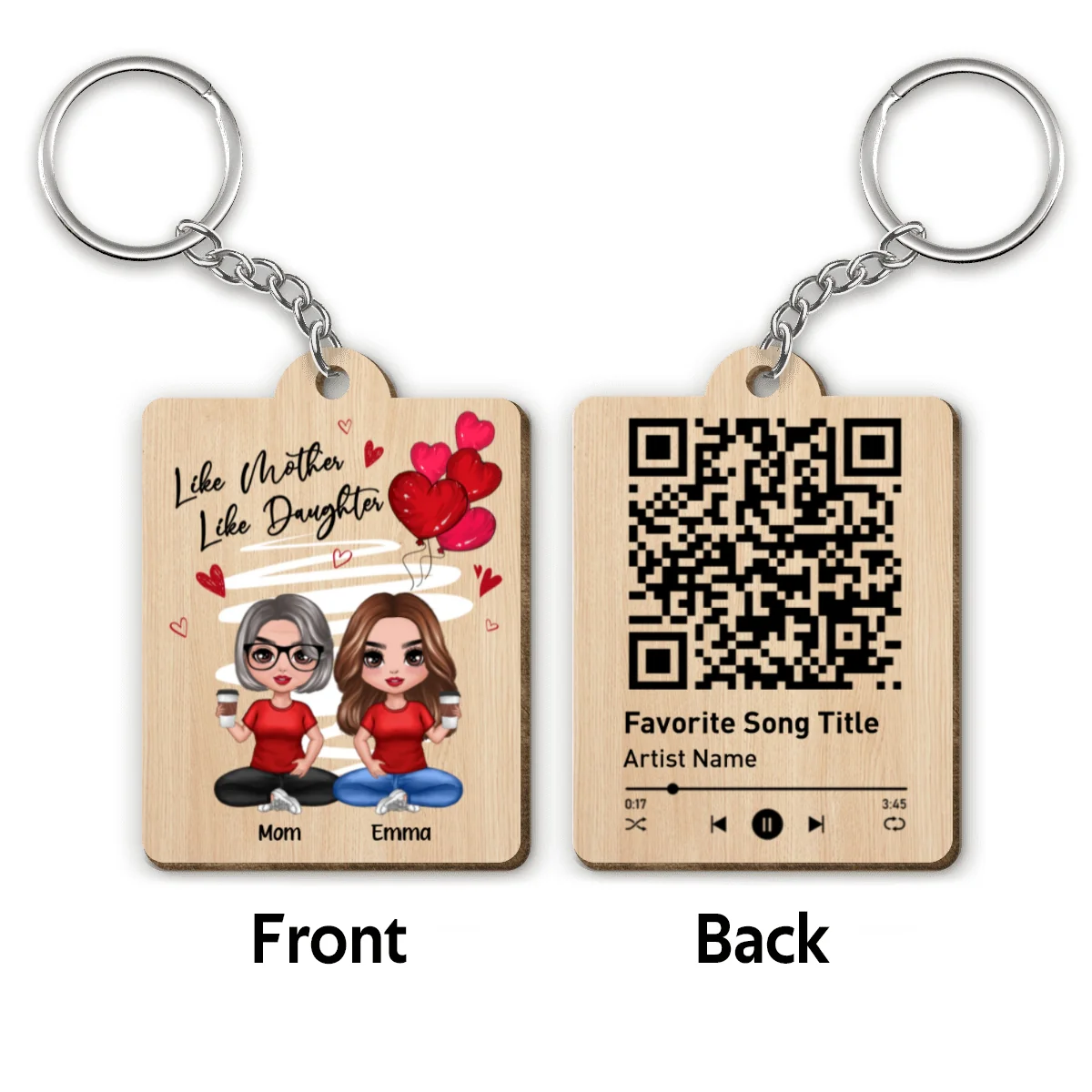 Red Hearts Like Mother Like Daughters Doll Favorite Song Scannable QR Code Gift For Mom Daughters Matching Personalized Wooden Keychain - Image 4