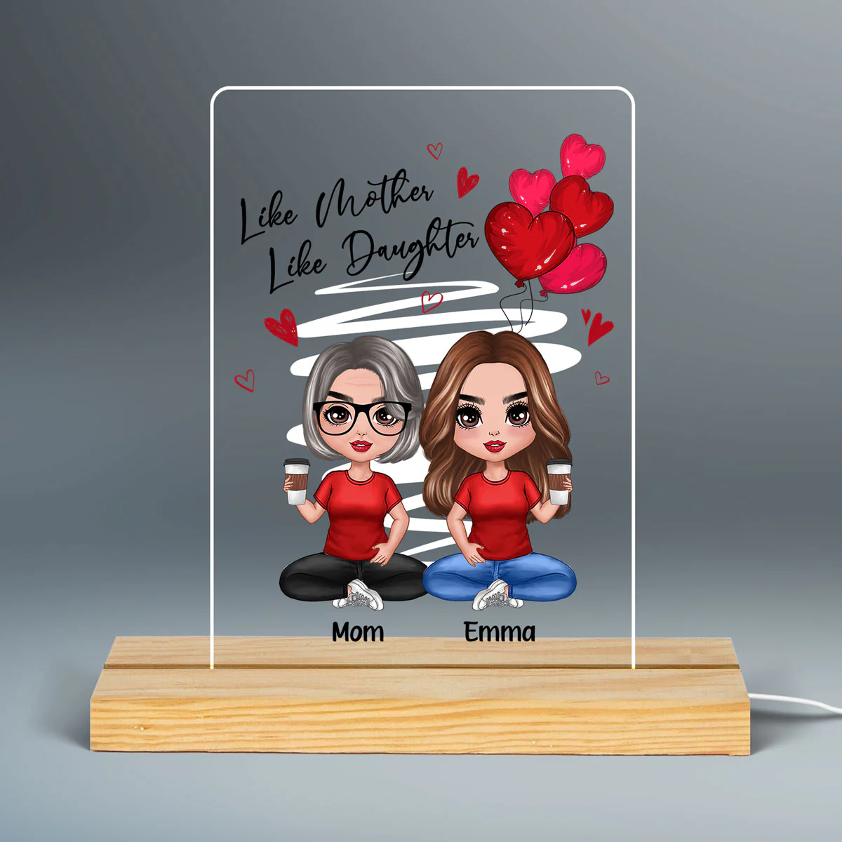 Red Hearts Like Mother Like Daughters Doll Mom And Daughters Sitting Gift For Mom Daughters Personalized 7 Colors Plaque LED Night Light - Image 3
