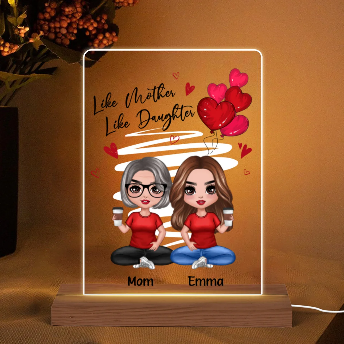 Red Hearts Like Mother Like Daughters Doll Mom And Daughters Sitting Gift For Mom Daughters Personalized 7 Colors Plaque LED Night Light - Image 5