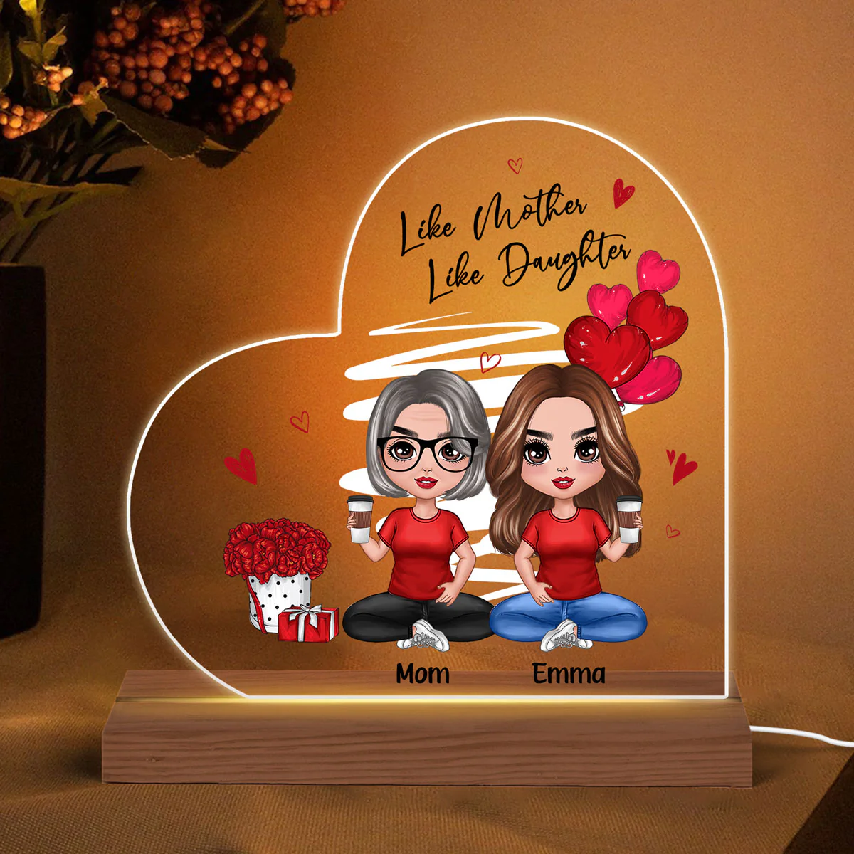 Red Hearts Like Mother Like Daughters Doll Mom And Daughters Sitting Gift For Mom Daughters Personalized Custom Shape Acrylic Plaque LED Night Light - Image 2