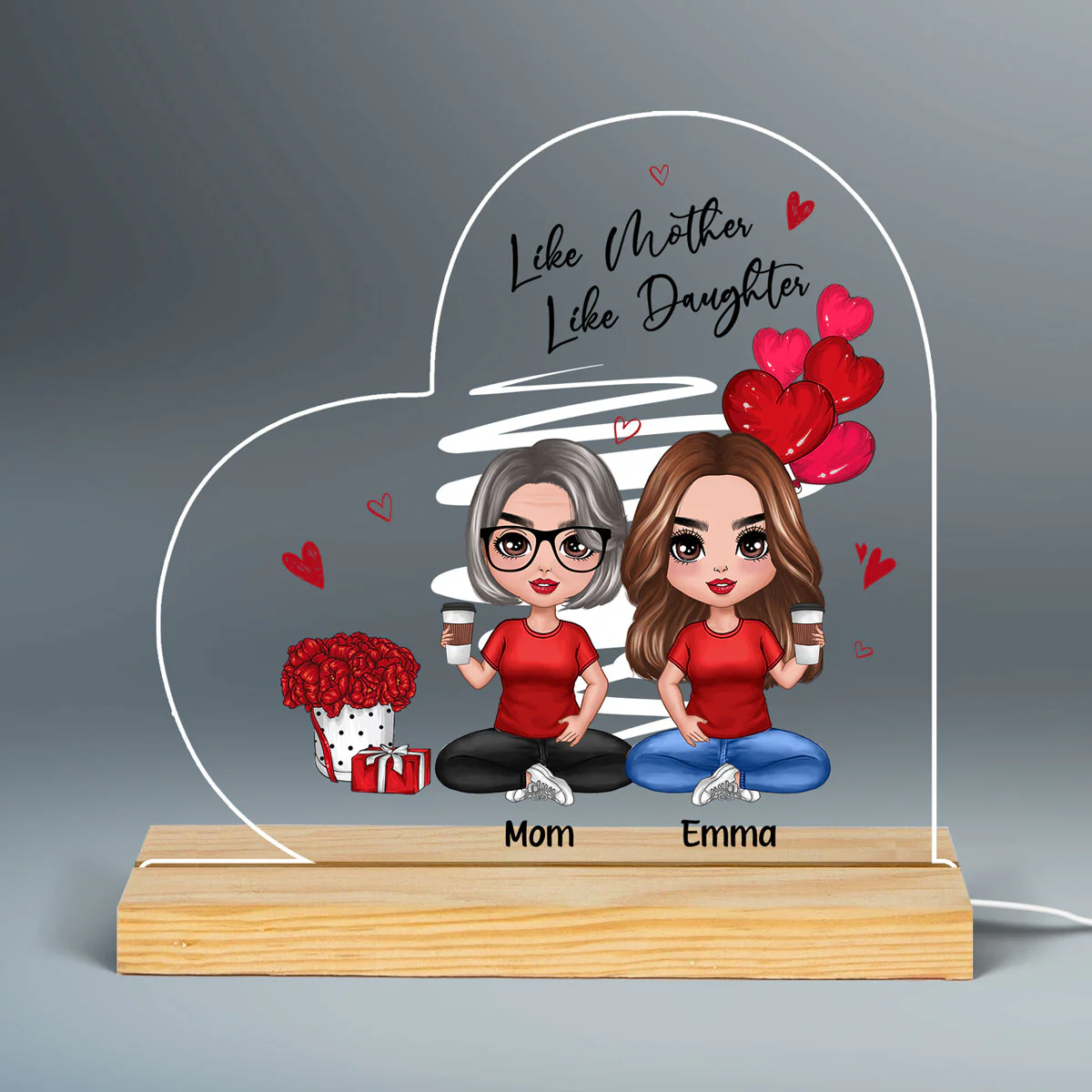 Red Hearts Like Mother Like Daughters Doll Mom And Daughters Sitting Gift For Mom Daughters Personalized Custom Shape Acrylic Plaque LED Night Light - Image 3