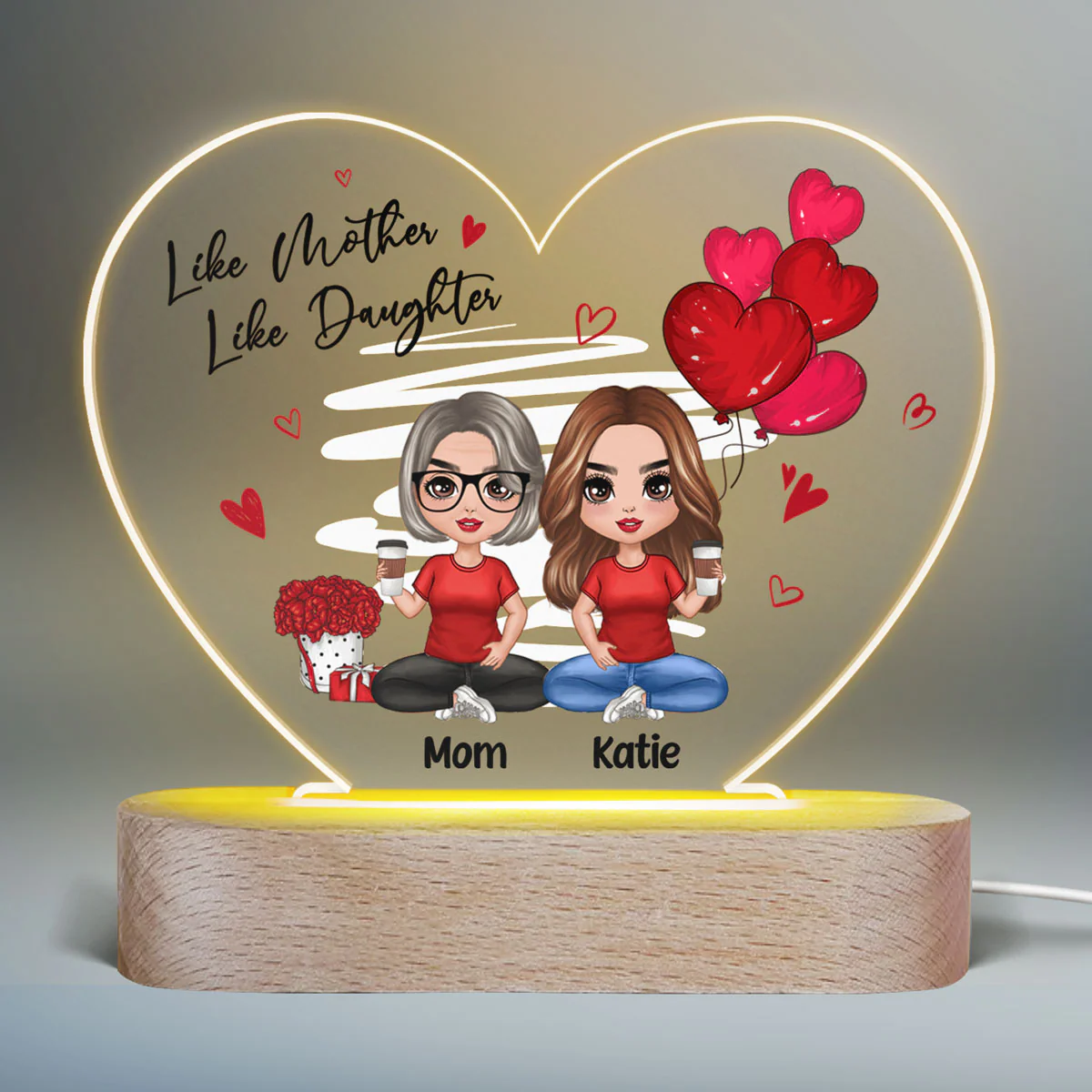 Red Hearts Like Mother Like Daughters Doll Mom And Daughters Sitting Gift For Mom Daughters Personalized Heart Acrylic Plaque LED Night Light - Image 2