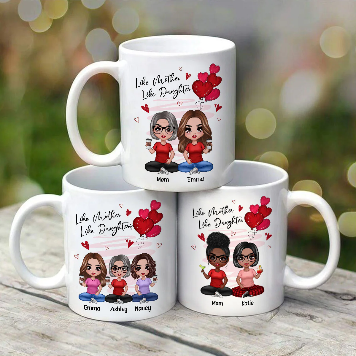 Red Hearts Like Mother Like Daughters Doll Mom And Daughters Sitting Gift For Mom Daughters Personalized Mug - Image 3