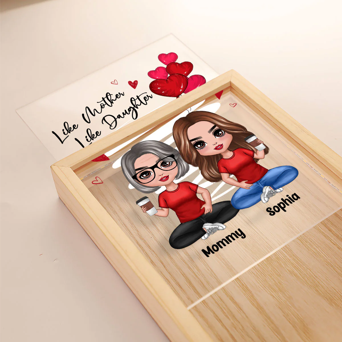 Red Hearts Like Mother Like Daughters Doll Mom And Daughters Sitting Personalized Wooden Frame Light Box - Image 4