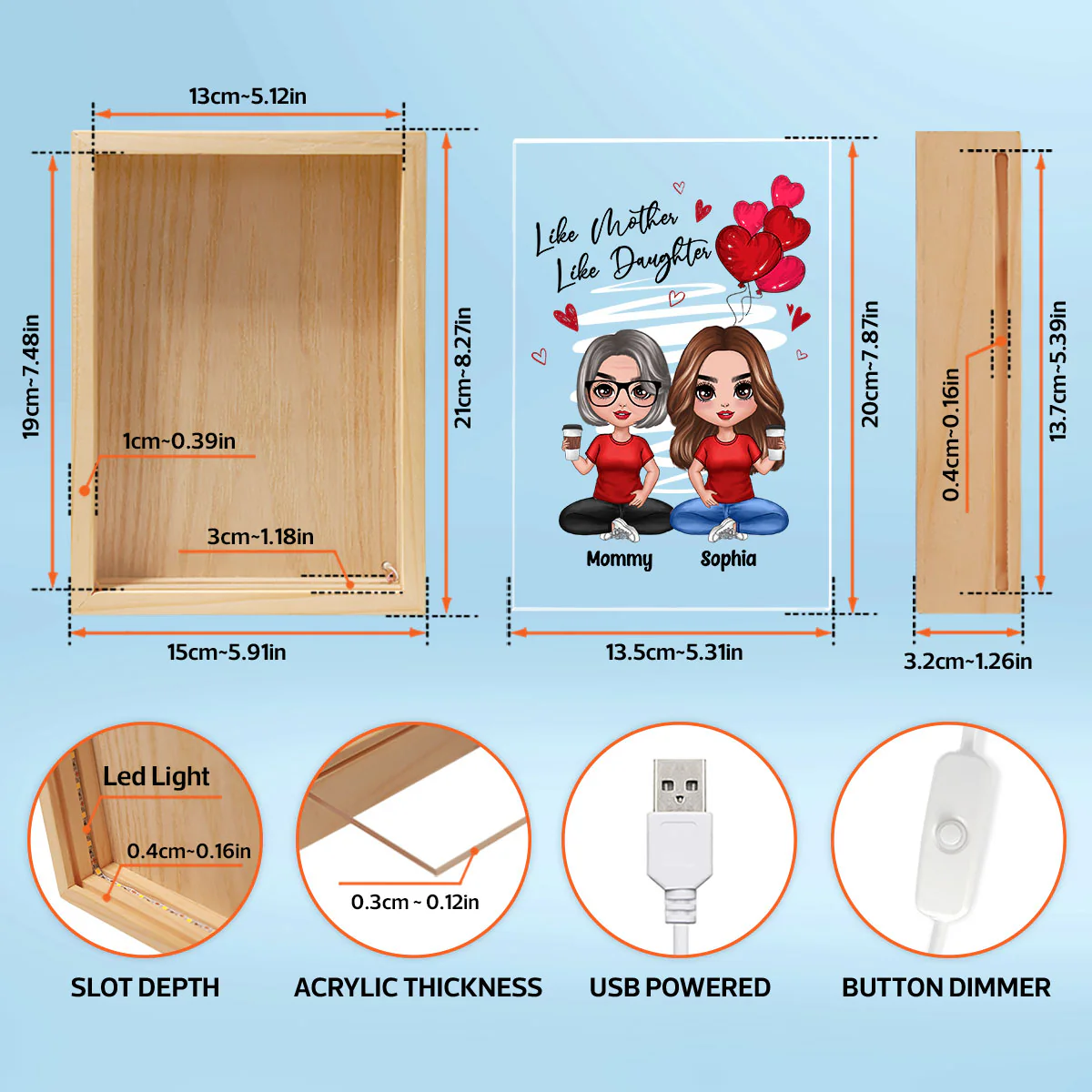 Red Hearts Like Mother Like Daughters Doll Mom And Daughters Sitting Personalized Wooden Frame Light Box - Image 5