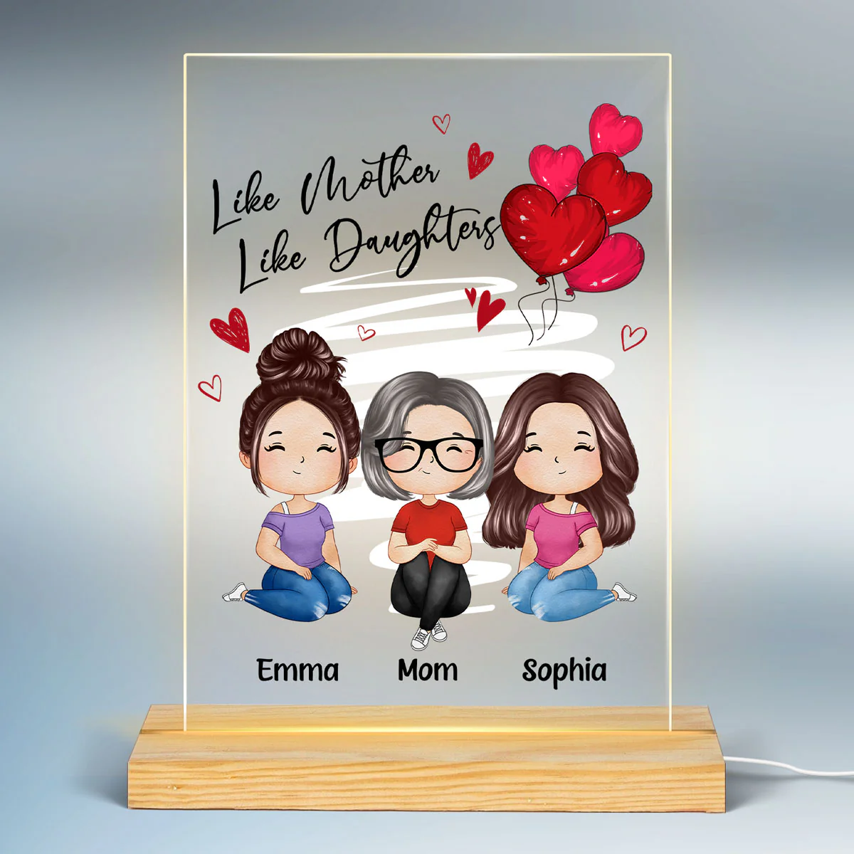 Red Hearts Like Mother Like Daughters Watercolor Style Women Sitting Gift For Mom Daughters Personalized Rectangle Acrylic Plaque LED Night Light - Image 2