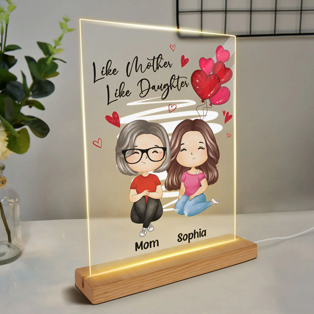 Red Hearts Like Mother Like Daughters Watercolor Style Women Sitting Gift For Mom Daughters Personalized Rectangle Acrylic Plaque LED Night Light - Image 3