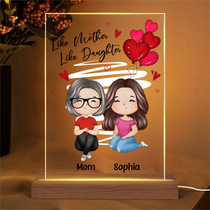 Red Hearts Like Mother Like Daughters Watercolor Style Women Sitting Gift For Mom Daughters Personalized Rectangle Acrylic Plaque LED Night Light - Image 4