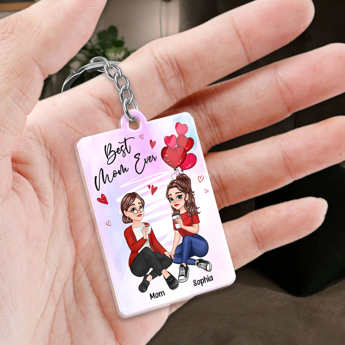 Red Hearts Watercolor Pretty Cartoon Mother Daughter Calendar Date Personalized Acrylic Keychain - Image 2
