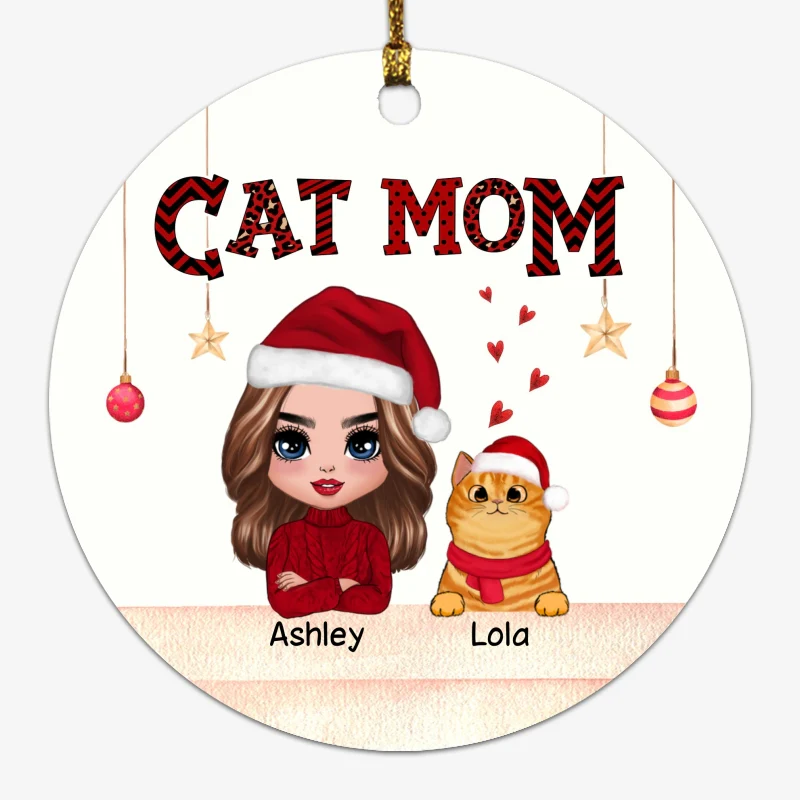 Red Pattern Doll Cat Mom Christmas Personalized Circle Ornament - Image 2