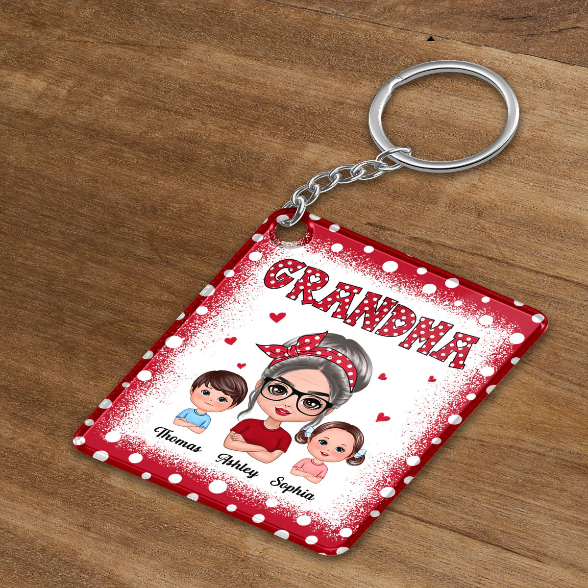 Red Polka Dot Grandma Grandkids Personalized Acrylic Keychain - Image 3