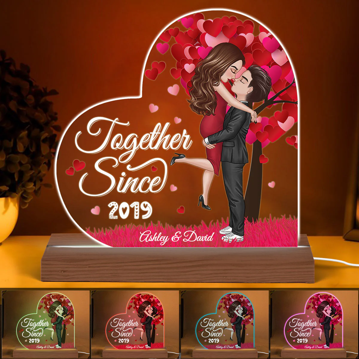 Red Tree Doll Couple Kissing Hugging Personalized Acrylic Custom Shape LED