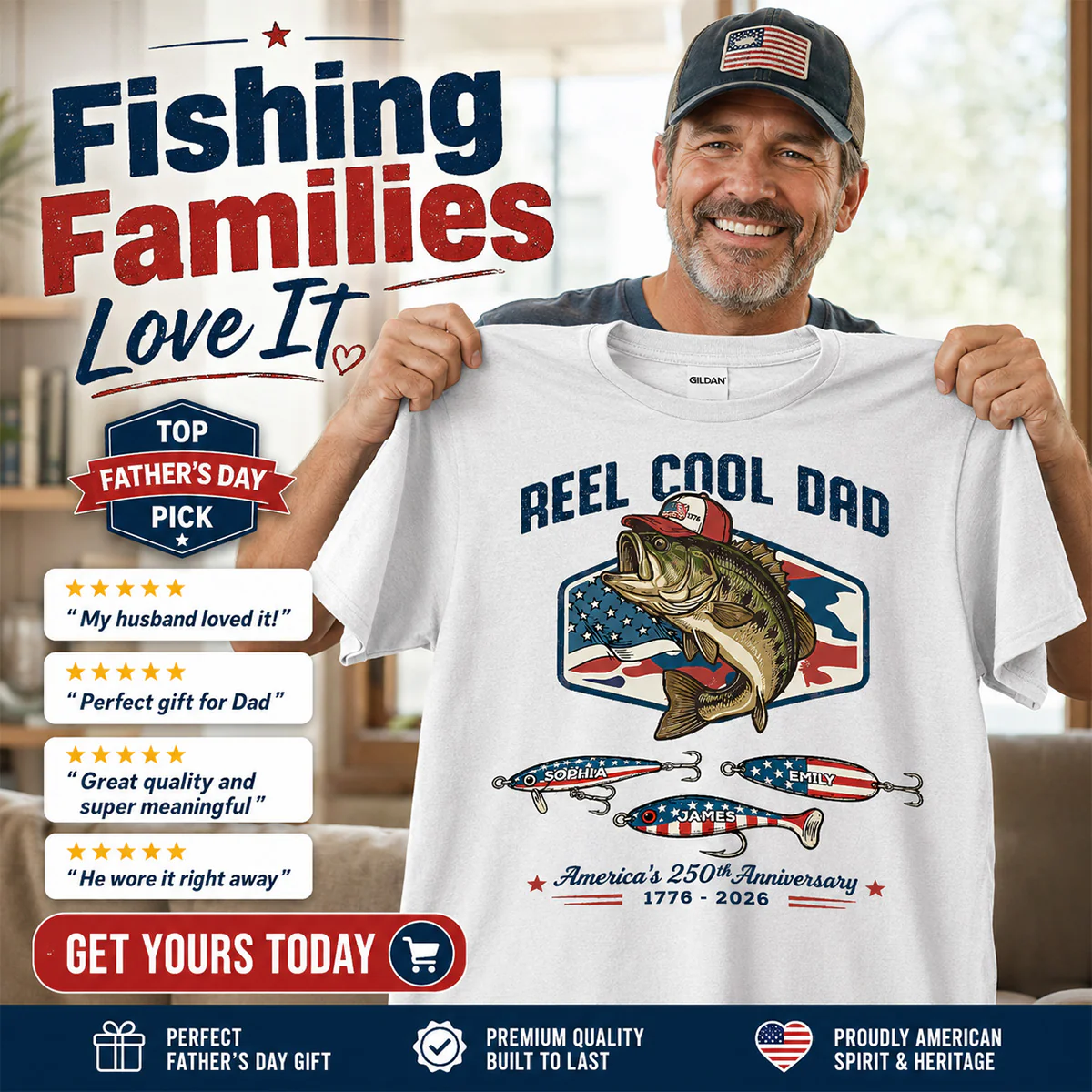 Reel Cool Dad Grandpa Custom Kid Names - Personalized Shirt - American 250th Anniversary Gift For Patriotics - Image 8