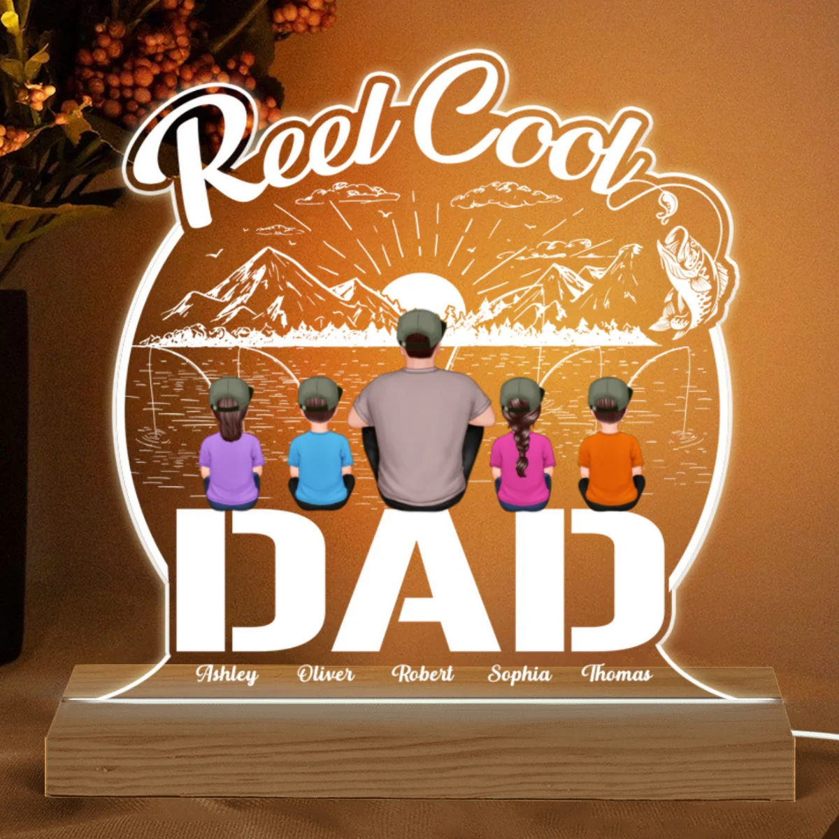 Reel Cool Dad Papa Fishing Personalized Custom Shape Warm LED Night Light - Image 4