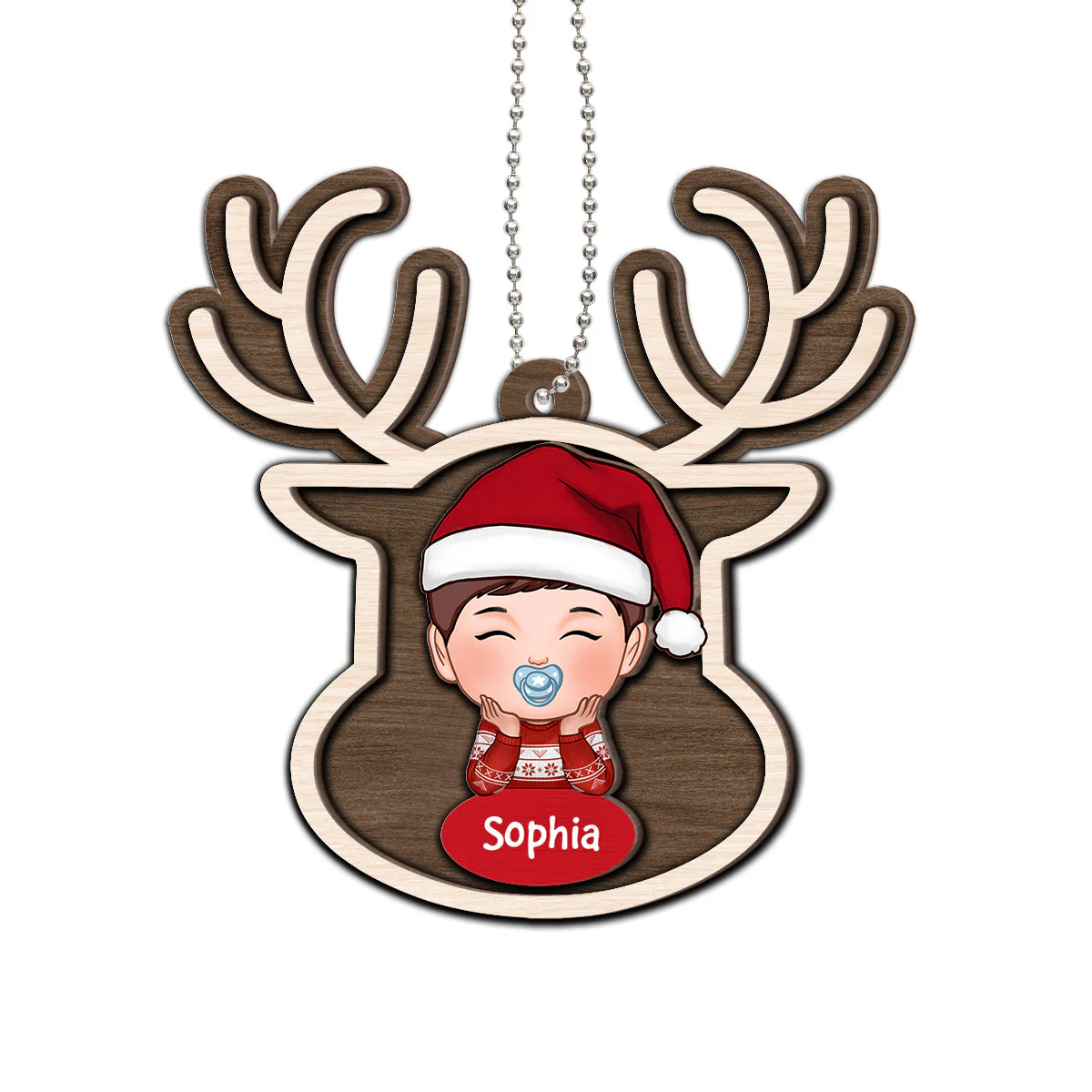Reindeer Baby Christmas Personalized 2-Layer Wooden Ornament - Image 2
