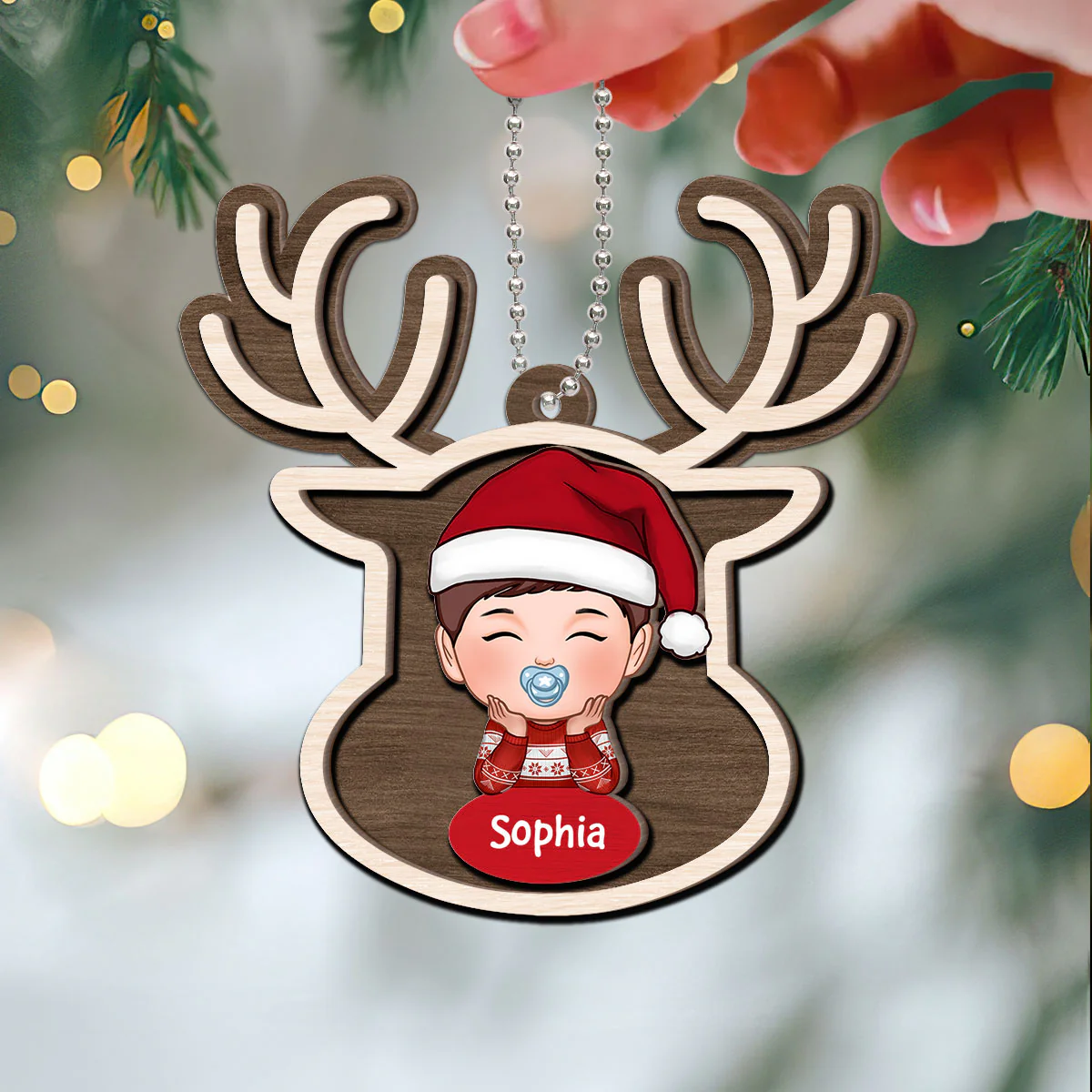 Reindeer Baby Christmas Personalized 2-Layer Wooden Ornament - Image 3