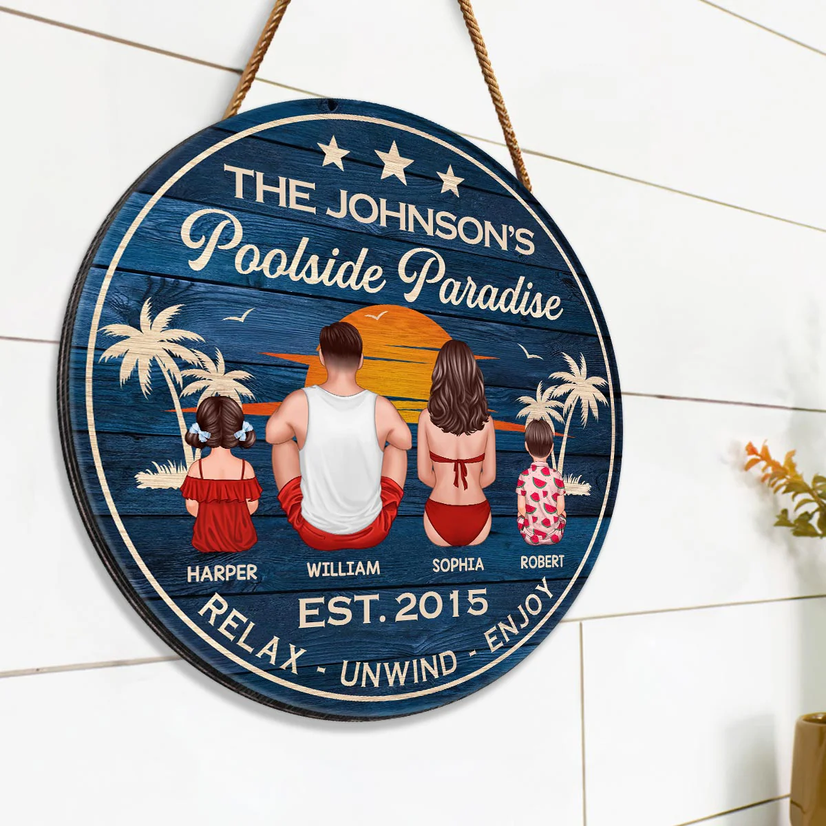 Relax Unwind Enjoy Poolside Paradise Family Sitting Personalized Wood Sign - Image 2