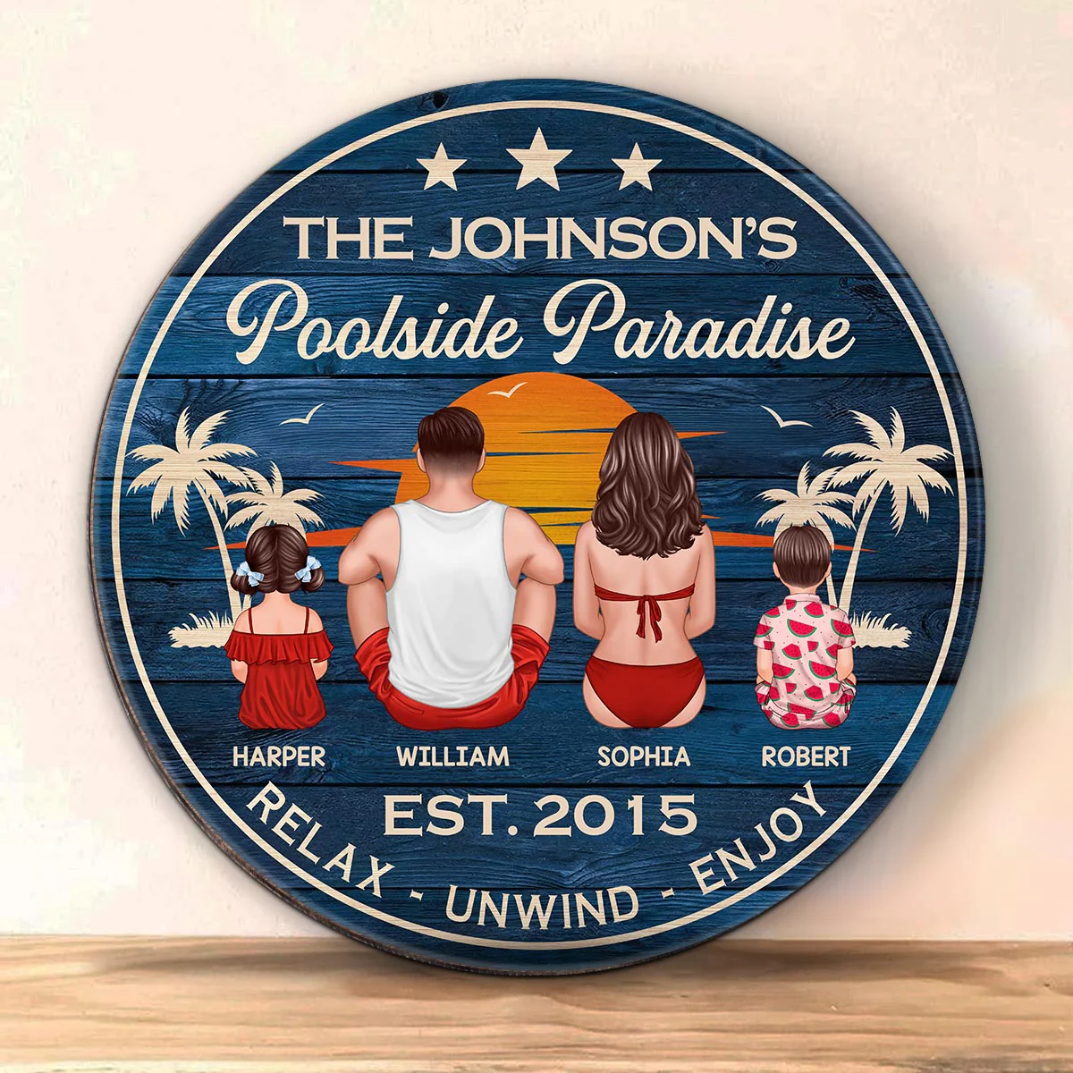 Relax Unwind Enjoy Poolside Paradise Family Sitting Personalized Wood Sign - Image 4