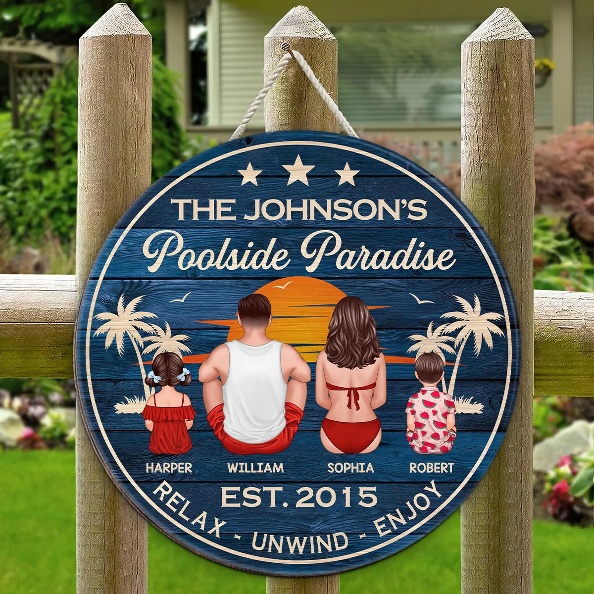 Relax Unwind Enjoy Poolside Paradise Family Sitting Personalized Wood Sign - Image 5