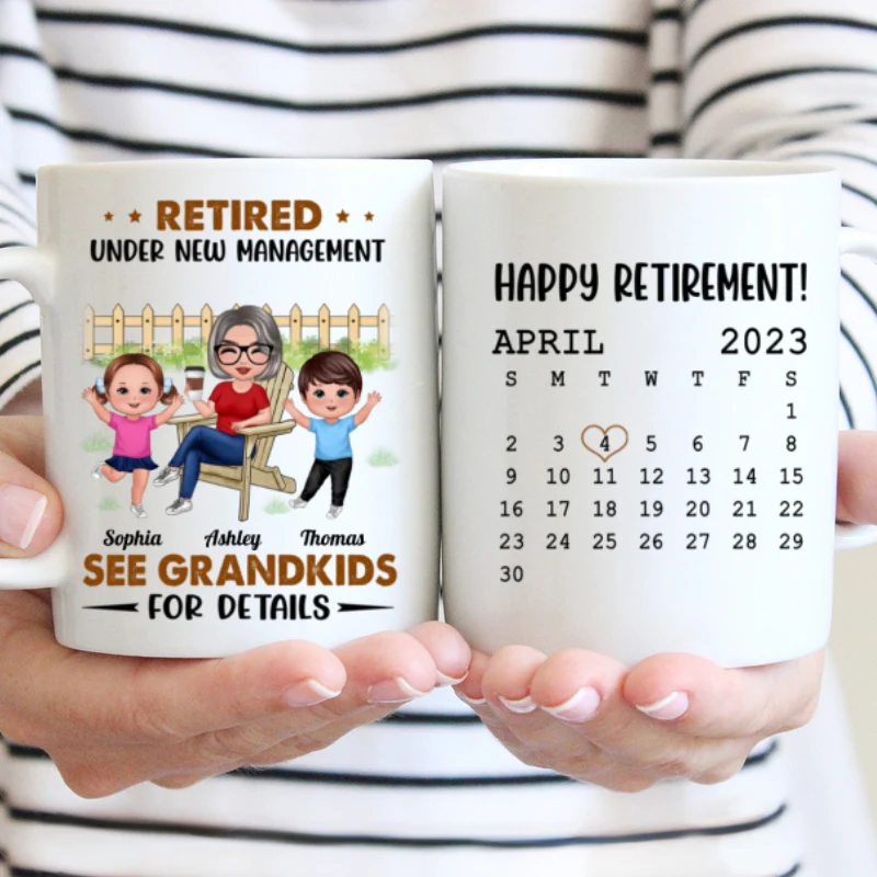 Retired Under New Management See Doll Grandkids Calendar Retirement Gift Personalized Mug - Image 4